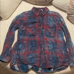 Free People Casual Blue and Red Button Down Shirt